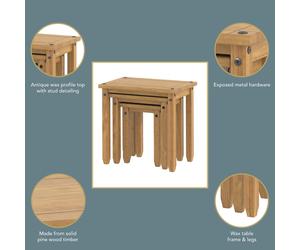 Corona Nest of 3 Tables, Antique Wax or Grey Wax, Solid Pine Versatile Design
