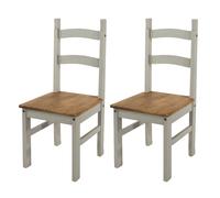 Pair of 2 Dining Chairs Grey Waxed Solid Pine Wood Seat Kitchen Dining Room Set