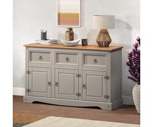 Corona Sideboard Grey Painted Wax 3 Door 3 Drawer Solid Wood Pine Wooden Dresser Cupboard Cabinet Unit Living Room Lounge Hallway Dining Room Kitchen Mexican Style 76cm High 125cm Wide 40cm Deep
