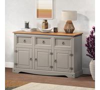 Corona Sideboard Grey Painted Wax 3 Door 3 Drawer Solid Wood Pine Wooden Dresser Cupboard Unit Living Room Lounge Hallway Dining Room Kitchen Mexican Style 76cm High 125cm Wide 40cm Deep