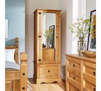 Corona Solid Pine Armoire Wardrobe - 1 Door Mirrored, Hanging Rail, Large Base Drawer, Distressed Waxed Pine, Black Hardware