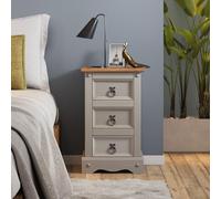 Corona Solid Pine Wood Grey Painted Wax 3 Drawer Narrow Bedside Cabinet Wooden Slim Side End Lamp Table For Bedroom Hallway Living Room Lounge Mexican Style 58cm High 35cm Wide 33cm Deep