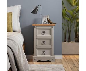 Corona Solid Pine Wood Grey Painted Wax 3 Drawer Narrow Bedside Cabinet Wooden Slim Side End Lamp Table For Bedroom Hallway Living Room Lounge Mexican Style 58cm High 35cm Wide 33cm Deep