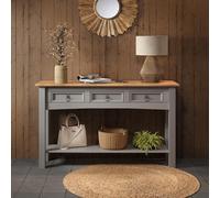 Corona Solid Wood Pine Grey Painted Wax 3 Drawer Console Table Wooden Hallway Stand With Drawers Shelf Side Unit Lamp Long Lounge Living Room Kitchen Dresser 73cm High 122cm Wide 32cm Deep