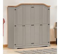 Corona Wardrobe 4 Door Arch Top Grey Wax Mexican Solid Wood Pine Wooden Bedroom