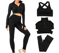 CORPOAMOR Women's 3 PC Seamless Gym Clothing Workout Outfit with Jacket Bra & Leggings Set, Black, S
