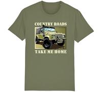 Corporate Togs Country Roads Take Me Home Funny T-Shirt - Land 4x4 Rover Off-Roader, Regular Fit Tee, 100% Cotton T-Shirt, Short Sleeve, Printed Round Neck Tee | Graphic Apparel Olive Green