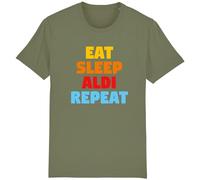 Corporate Togs Eat Sleep Aldi Repeat Funny T-Shirt - Novelty Gift Idea, Graphic T-Shirt, Cotton Tee, Regular Fit, Short Sleeve T-Shirt | Novelty Gifts for Adults Olive Green