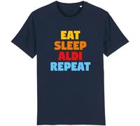 Corporate Togs Eat Sleep Aldi Repeat Funny T-Shirt - Novelty Gift Idea, Graphic T-Shirt, Cotton Tee, Regular Fit, Short Sleeve T-Shirt | Novelty Gifts for Adults Navy Blue