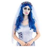 Corpse Bride Ladies Bright Blue Halloween Fancy Dress Long Wavy Wig