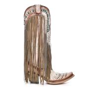 Corral Boots Women's Beige Handcrafted Western Boots | Snip Toe Tall Cowboy Boots with Eagle Embroidery and Crystal Fringe Design, Beige, 5 UK
