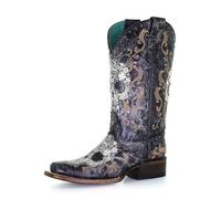 Corral Boots Women's Black and White Floral Sugar Skull Embroidery & Studs Square Toe Mid-Calf Leather Western Cowboy Boots, Black, 5 UK