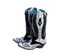 Corral Boots Women's Black and White Handcrafted Western Boots | Snip Toe Tall Cowboy Boots with Overlay Embroidery and Studs Design, White/Black, 6 UK