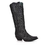 Corral Boots Women's Black Handcrafted Western Boots | Snip Toe Tall Cowboy Boots with Glitter Inlay, Floral Overlay and Crystal Studs