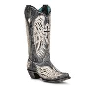 Corral Boots Women's Black Handcrafted Western Boots | Snip Toe Tall Cowboy Boots with White Cross and Wings Overlay and Studs Design, Black, 6 UK