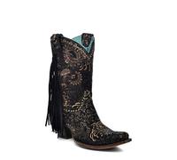 Corral Boots Women's Black Suede Handcrafted Western Boots | Square Toe Ankle Boots with Gold Stamped Floral and Side Fringe Design, Black-gold, 6 UK