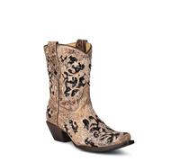 Corral Boots Women's Brown Handcrafted Western Booties | Snip Toe Cowboy Ankle Boots with Black Glitter Inlay, Floral Overlay and Crystal Studs