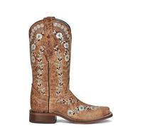 Corral Boots Women's Cognac Handcrafted Western Boots | Square Toe Tall Cowboy Boots with Glow in the Dark Floral Embroidery Design, Cognac, 6 UK