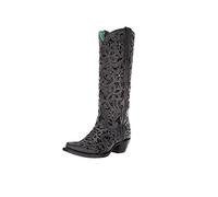 Corral Boots Womens Floral Studded Rhinestones Sequins Tooled Inlay Snip Toe Casual Boots Knee High Low Heel 1-2" - Black, Black, 8 UK