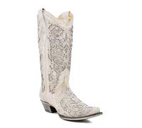 Corral Boots Womens Glitter Inlay Studded Snip Toe Casual Boots Mid Calf Mid Heel 2-3" - White