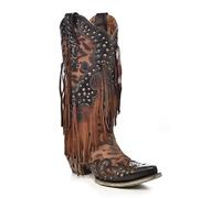 Corral Boots Women's Handcrafted Western Boots | Snip Toe Cowboy Boots with Leopard Print, Fringe and Stud Details, Honey, 8 UK