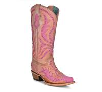 Corral Boots Women's Pink Handcrafted Cowboy Boots | Snip Toe Western Boots with Fluorescent Embroidery and Studs Design, Pink, 7 UK