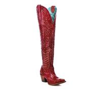 Corral Boots Women's Red Handcrafted Western Boots | J Toe Tall Cowboy Boots with Distressed Leather and Embroidery Design, Distressed Red, 6 UK