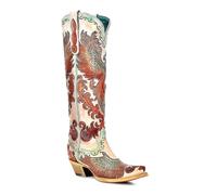 Corral Boots Women's White Handcrafted Western Boots | Snip Toe Tall Cowboy Boots with Hand Painted and Tooled Fire Phoenix Design, White, 6 UK