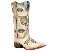 Corral Boots Women's White Handcrafted Western Boots | Square Toe Cowboy Boots with Woven Eagle Embroidery Design, White, 4 UK
