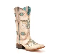 Corral Boots Women's White Handcrafted Western Boots | Square Toe Cowboy Boots with Woven Eagle Embroidery Design, White, 7.5 UK