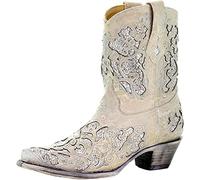 CORRAL Women's Snip Toe Wedding Embroidered Glitter Inlay and Crystals Handcrafted Pull-On Leather Over-the-Ankle Cowboy/Cowgirl Boots, Off-white, 4.5 UK