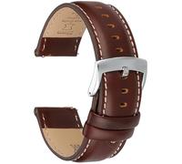 CORROPELLE Quick Release Leather Replacement Watch Band Strap Elegant Replacement Band for Men and Women, Choice of Width 18mm 19mm 20, Coffee Brown Leather/White Linen Stitching (Silver Buckle), 18mm