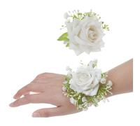 Corsage and Boutonniere Set,2PCS Artificial Rose Wrist Corsage Wristlet,for Wedding Bridal Bridesmaid Wrist Corsage Corsage Ball Decoration (white)