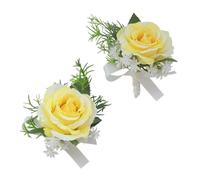 Corsage and Boutonniere Set, Handmade Artificial Peony Rose Wrist Corsage Wristlet and Groom Boutonniere for Men Wedding Prom Suit Decorations (Yellow)