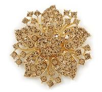 Corsage Flower Brooch In Gold Tone & Champagne Coloured Crystals/Victorian Style/55mm Across