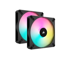 Corsair iCUE AF140 RGB ELITE 140mm PWM Dual Fan Kit - Eight RGB LEDs Per Fan - AirGuide Technology - Fluid Dynamic Bearing - Zero RPM Fan Mode - Included iCUE Lighting Node CORE Controller - Black