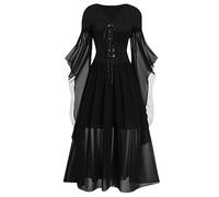 Corset Top Lace up Retro 1950S Midi Dress Croset Flared Sleeve Gown