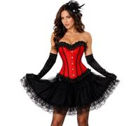 Corset Top Women Burlesque Costume Black Lace Skirt Halloween Size 6-24 UK | Satin overbust corset, lace ruffle skirt, front busk fastening, four colours, regular and plus size options, matching thong