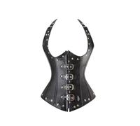 CorsetsNmore Black Faux Leather Halter Neck Steampunk Underbust Corset | Waist Cincher Basque | Gothic Costume | Front Busk & Buckles | Back Lace Up