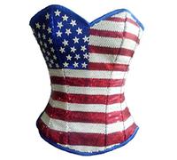 CorsetsNmore USA Flag Blue Satin Sequins Goth Burlesque Waist Cincher Basque Overbust Corset