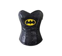 CorsetsNmore Women’s Black Satin Yellow Bat Sequins Comic Con Halloween Costume Gothic Plus Size Overbust Corset Top