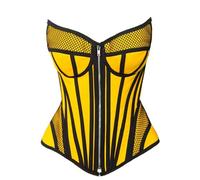 CorsetsNmore Women’s Yellow Satin black mesh Zipper Steampunk Overbust Bustier Corset