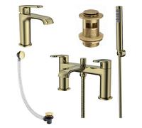 Corso Bathrooms Lunar Brushed Brass Bath & Basin Tap Set With Hand Shower & Wastes - Lifetime Guarantee