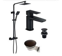 Corso Bathrooms Matt Black Square Thermostatic Overhead Shower Kit With Basin Tap And Shower Tray Waste