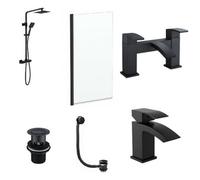 Corso Bathrooms Modern Bathroom Suite Black Shower Screen, Matt Black Shower Kit, Bath Filler Basin Tap Set & Wastes