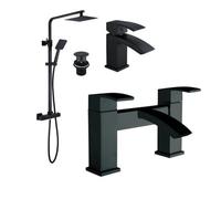 Corso Bathrooms Square Black Thermostatic Overhead Shower Kit & Basin & Bath Filler Tap Pack