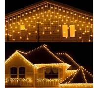 CORST 3M Outdoor Icicle Lights Christmas Window Curtain Light Outside Ice Lights Battery Powered, Hanging Icicle Fairy Light Twinkle Light with Remote Timer for Wall Xmas Gazebo Decor(Warm White)