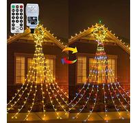 CORST Outdoor Star Curtain Lights Mains Powered,Roof Eaves Fairy Lights Outside Window Curtain Lights Plug in 335 LED Warm White Multi-Colour Waterproof with Remote for Tree Room Gazebo Decor