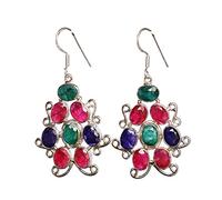 Corundum Emerald, Ruby, Sapphire Earrings 7x5mm Trio - Sterling Silver Dangle Drop Style - Multi-Gemstone Colorful Fine Jewelry - Handmade Elegant Gift for Women