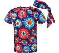 COSAVOROCK Men's 60s 70s Groovy Hippie Psychedelic Costume T-Shirts with Headbands Multicoloured XL